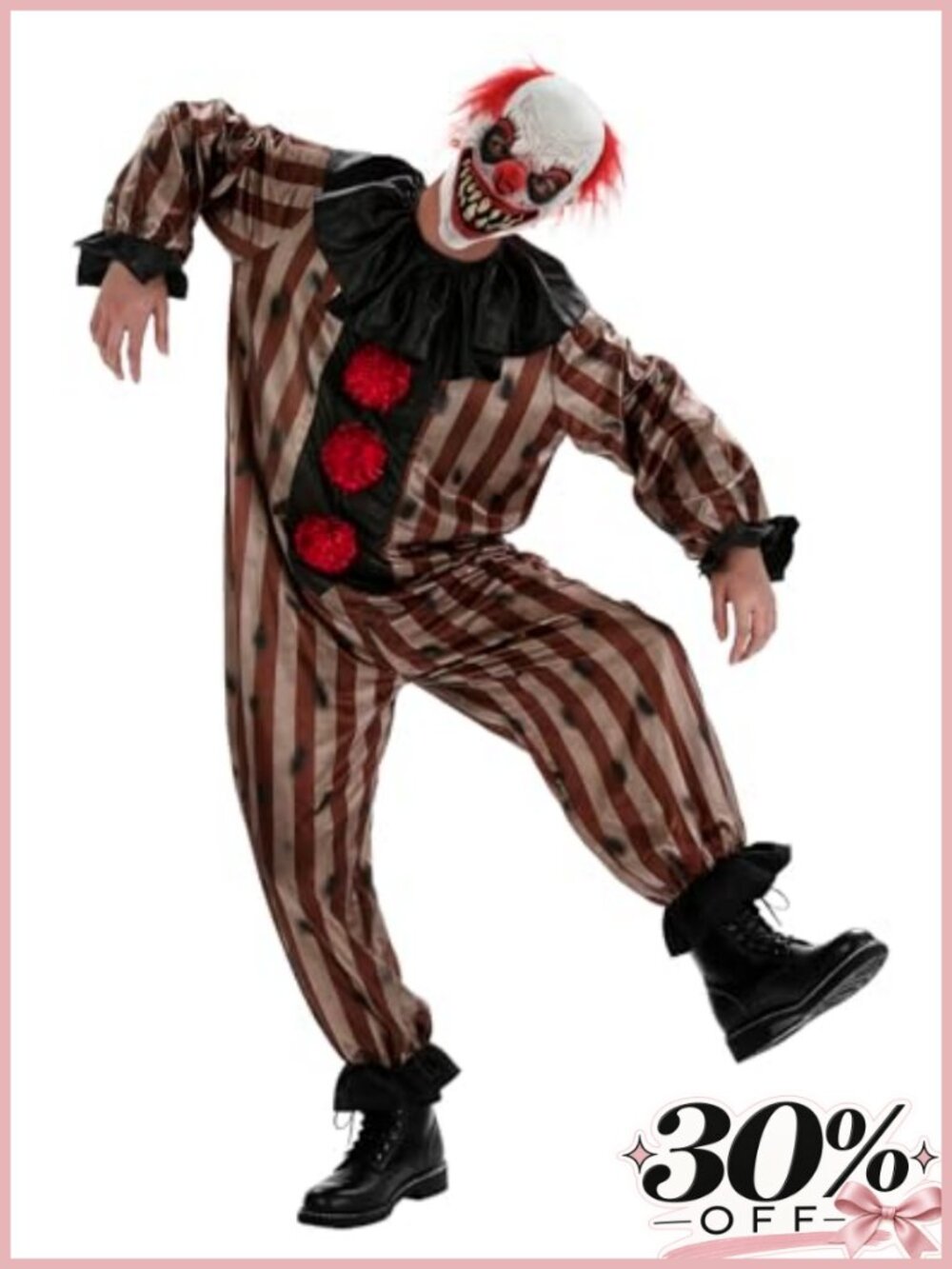 Scary Clown Costume Men's Vintage Striped Circus Jumpsuit & Mask Halloween